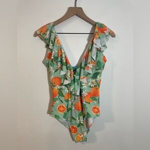 NWT Binlowis Deep V Neck Flounce One Piece Swimsuit Orange Print Ruffle  Small